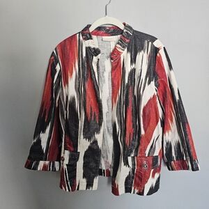 Chico’s Linen Blend Jacket Metallic Open Front Womens Size 2 Large Red Black
